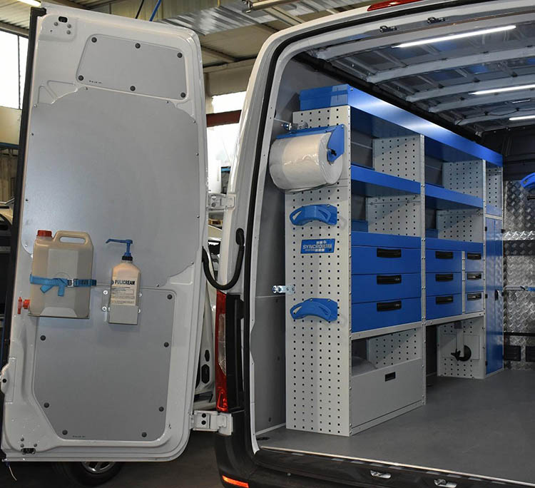 Aluminum checker plate cladding and furnishings for Sprinter Syncro Canada