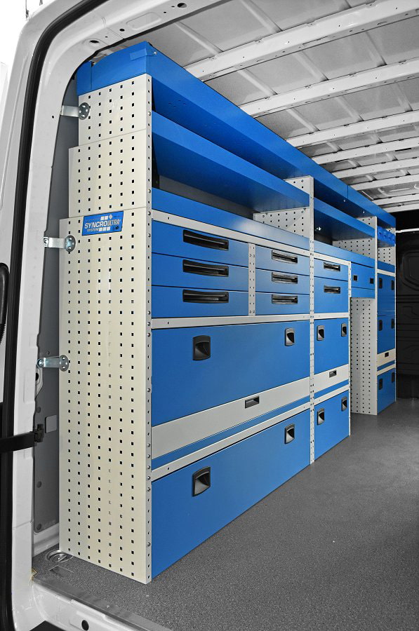 Wall unit with drawers and shelves for the MAN TGE L4H3 van from Syncro System Canada